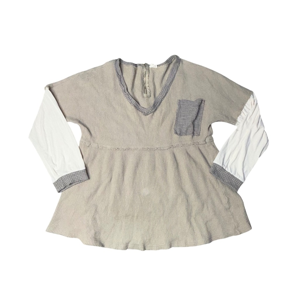 Pol‎ Waffle Knit Top Womens Large Tan Mixed Media Babydoll Excellent SMD177
